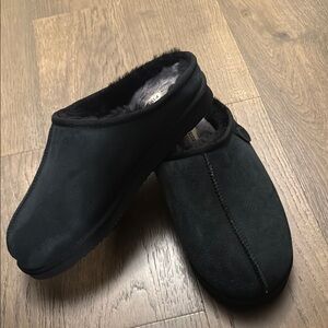 Fireside by dreamfoams men’s graftin Black Suede Fur-Lined Slippers size 13